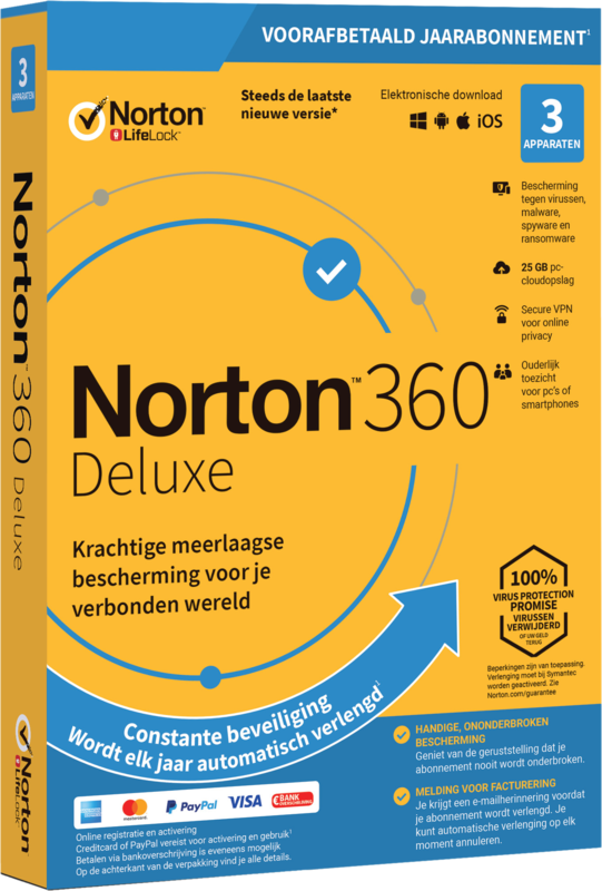 Norton 360 Deluxe 2020 3 Apparaten 1 Jaar 25GB Windows/MAC/Android/iOS Norton 360 Deluxe 2020 3 Apparaten 1 Jaar 25GB Windows/MAC/Android/iOS