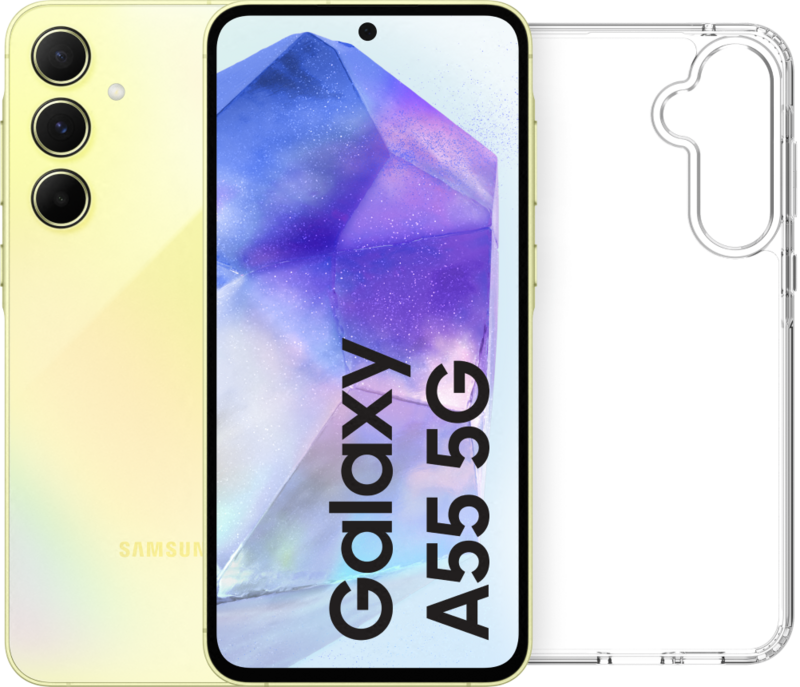 Samsung Galaxy A55 128GB Geel 5G + BlueBuilt Back Cover Transparant Samsung Galaxy A55 128GB Geel 5G + BlueBuilt Back Cover Transparant