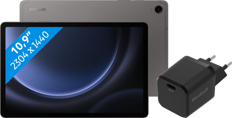 Samsung Galaxy Tab S9 FE 128GB Wifi en 5G Grijs + BlueBuilt Oplader Samsung Galaxy Tab S9 FE 128GB Wifi en 5G Grijs + BlueBuilt Oplader