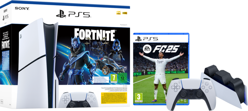 PS5 Slim Disc Edition + Fortnite Voucher + FC 25 + Extra Controller Wit + Oplaadstation PS5 Slim Disc Edition + Fortnite Voucher + FC 25 + Extra Controller Wit + Oplaadstation