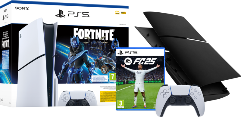 PS5 Slim Disc Edition + Fortnite Voucher + FC 25 + Covers Zwart + Extra Controller Wit PS5 Slim Disc Edition + Fortnite Voucher + FC 25 + Covers Zwart + Extra Controller Wit