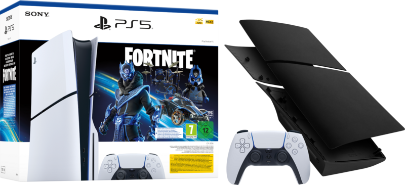 PlayStation 5 Slim Disc Edition + Fortnite Voucher + Covers Zwart + Extra Controller Wit PlayStation 5 Slim Disc Edition + Fortnite Voucher + Covers Zwart + Extra Controller Wit